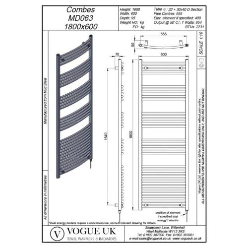 Vogue Combes 1800 x 600mm Curved Ladder Towel Rail Heating Only Chrome 2231BTU MD063 MS18060CP